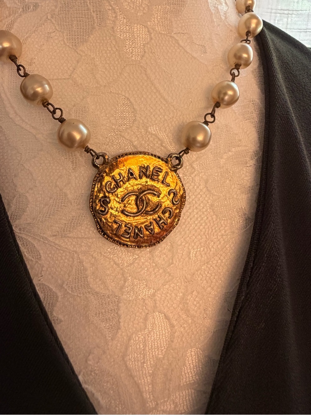 Vintage 1993 Chanel Faux Pearl CC Medallion Necklace Gold Entrupy Authentic